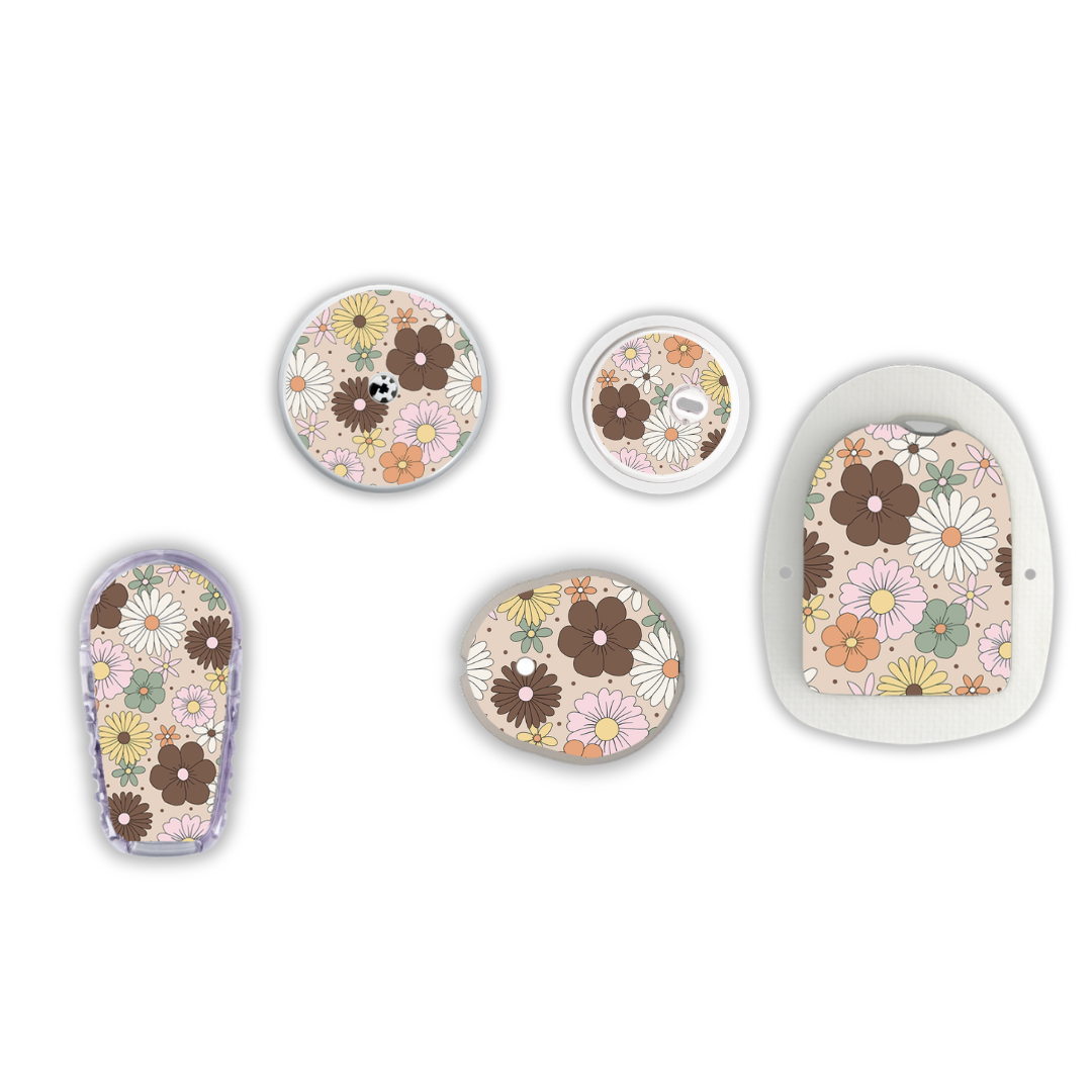 Mocha Retro Flowers Device Stickers