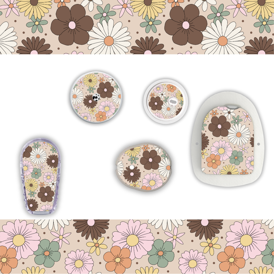 Mocha Retro Flowers Device Stickers